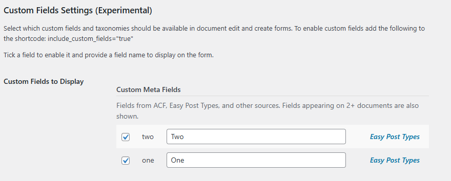 A screenshot displaying custom fields settings for document editing, highlighting options to enable and configure custom meta fields.