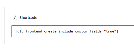 Display of a shortcode example for frontend creation in a code editor.